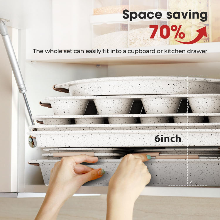 10-Piece Baking Pans Set Nonstick, Stackable Bakeware, Toxin-Free Baking Pans Set with Silicone Handles, Includes Cookie Sheets, Cake Pan, Loaf Pan, Pizza Pan, Muffin Pan, White&Khaki