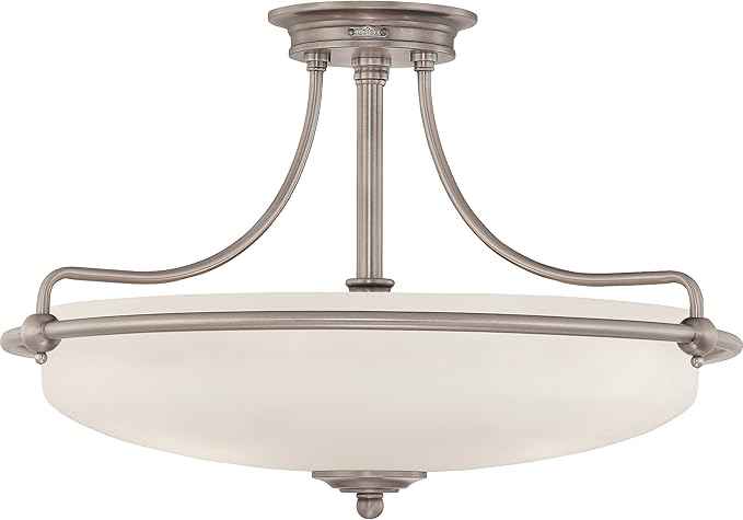Quoizel Griffin Semi-Flush Mount Ceiling Light, 21 Inch 4-Light Antique Nickel Opal-Etched Frosted Glass Shade, Hanging Light Fixture for Hallway, Kitchen, Bedroom, Dining, Farmhouse or Office