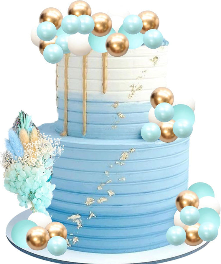 Gyufise 21 Pack Flower Boho Cake Topper Ball Cake Decorations Palm Leaves Plants Cake Decor for Girl Bohemian Princess Theme Wedding Baby Shower Birthday Party Supplies Blue
