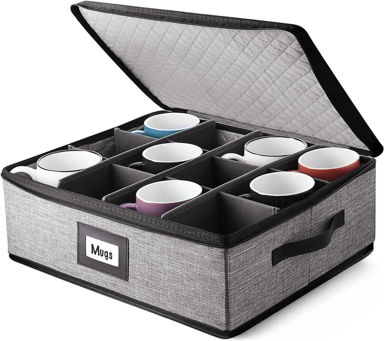 Hearth & Harbor Coffee Mug Storage, Quilted and Stackable Coffee Cup Storage Organizer for Service of 12, Mug Storage Box with Dividers, China Containers Hard Shell for Moving and Organization, Grey