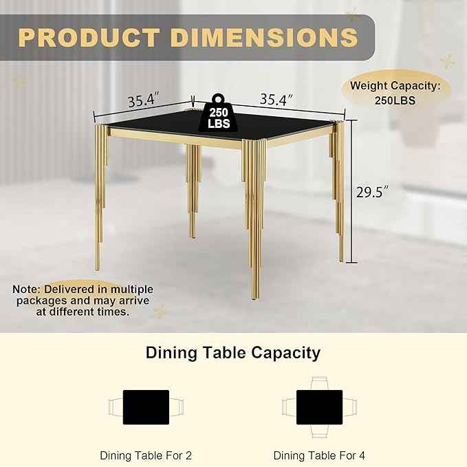 35'' Modern Square Glass Dining Table for 4 People,Black Tempered Glass Top Dining Room Table with Stainless Steel Base, Glass and Gold Dining Table for 4, Rectangle Dining Kitchen Table for Dinner