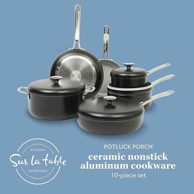 Sur La Table Kitchen Essentials Potluck Porch 10 Piece PFA Free Ceramic Non stick Interior Forged Aluminum Cookware Pots and Pans Set W/Aluminum Lids - Black - Induction Compatible