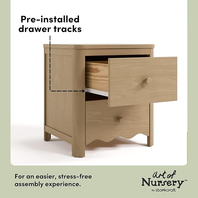 Storkcraft Casablanca 2 Drawer Nightstand (Driftwood) - GREENGUARD Gold Certified, Storage for Kids Bedroom, Premium Wood Nightstand with Elegant, Iconic Wave Detailing and Rounded Posts