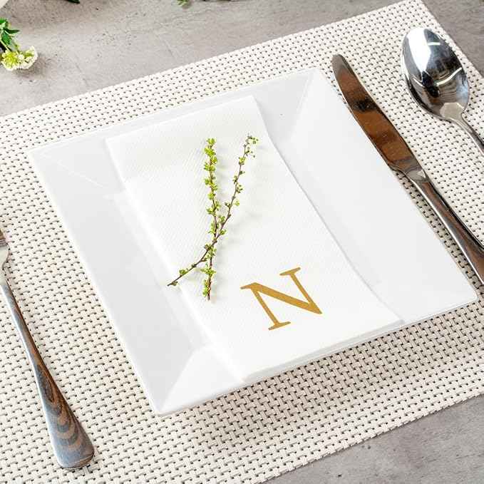 Luxenap 15.8 X 7.9 Inch Linen-Feel Guest Towels, 50 Lettered Hand Towels - Gold Letter 'N', Sans Serif Font, White Paper Dinner Napkins, airlaid, For Restrooms And Tables