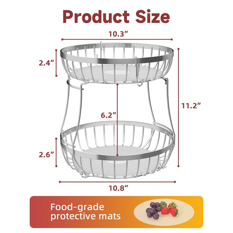 2 Tier Fruit Bowl for Kitchen Counter with Banana Hangers