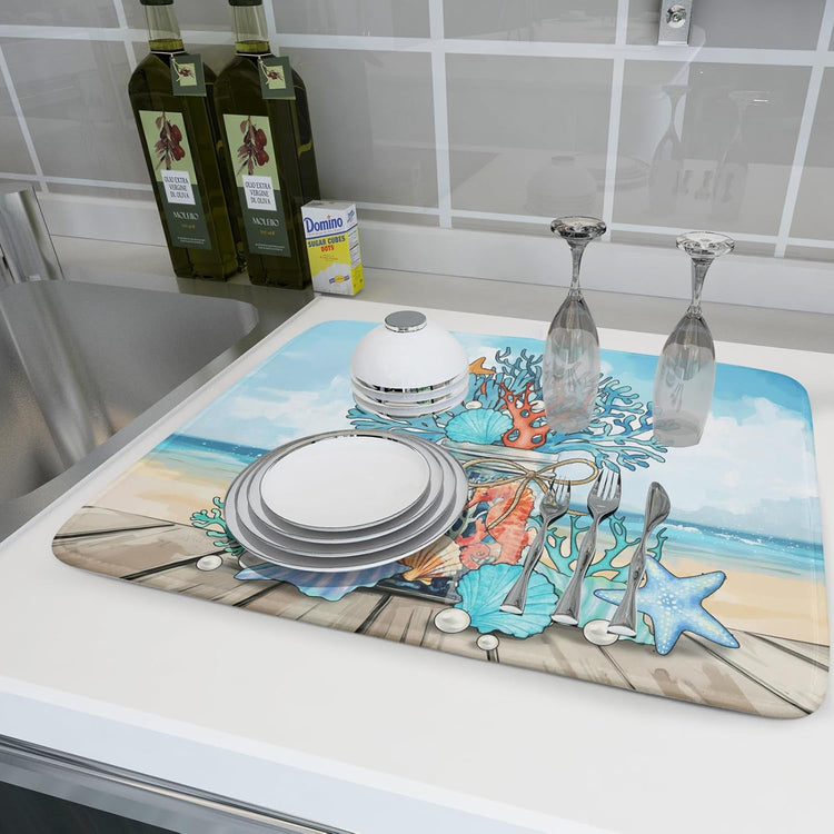 Coastal Coral Dish Drying Mat 18x24 inch Starfish Shell Fast Dry Microfiber Dish Rack Mats Drainer Pad for Countertop Kitchen Table Decor