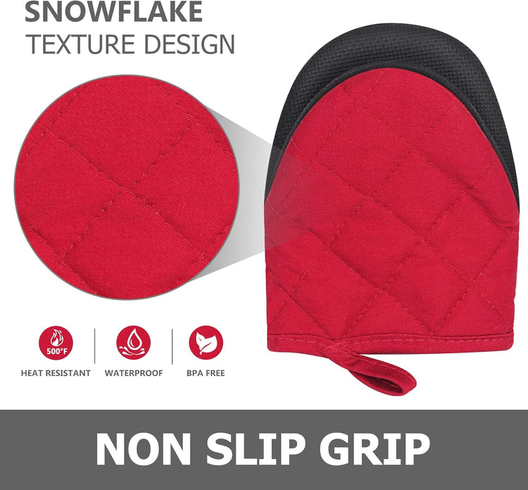 Qulable 1 Pair Short Oven Mitts - Silicone Kitchen Oven Gloves High Heat Resistant 500℉, Mini Oven Mits with Non-Slip Grip Surfaces and Hanging Loop for BBQ, Baking, Cooking and Grilling (Red)