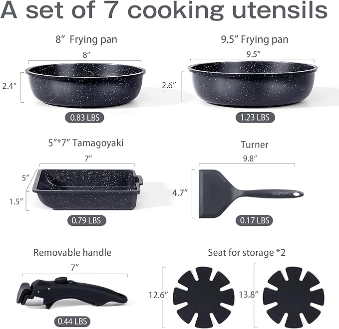 GiPP Ceramic Pots and Pans Set Non Stick, Nonstick Detachable Handle Cookware Sets, Non Toxic Induction Kitchen Pot and Pan with Removable Handle, Healthy RV Cookware, Dishwasher &Oven Safe, 7 Piece