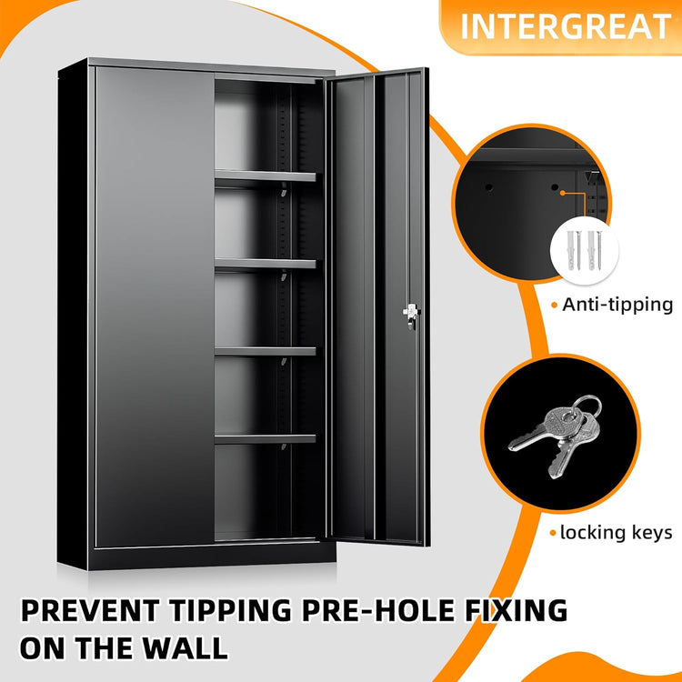 INTERGREAT Metal Storage Cabinets 72” Black Garage Steel Storage Cabinet with Doors and Shelves, Metal Tool Cabinet, Steel File Cabinet for Home Office, Basement, Warehouse, Classroom(Anti Tipping)