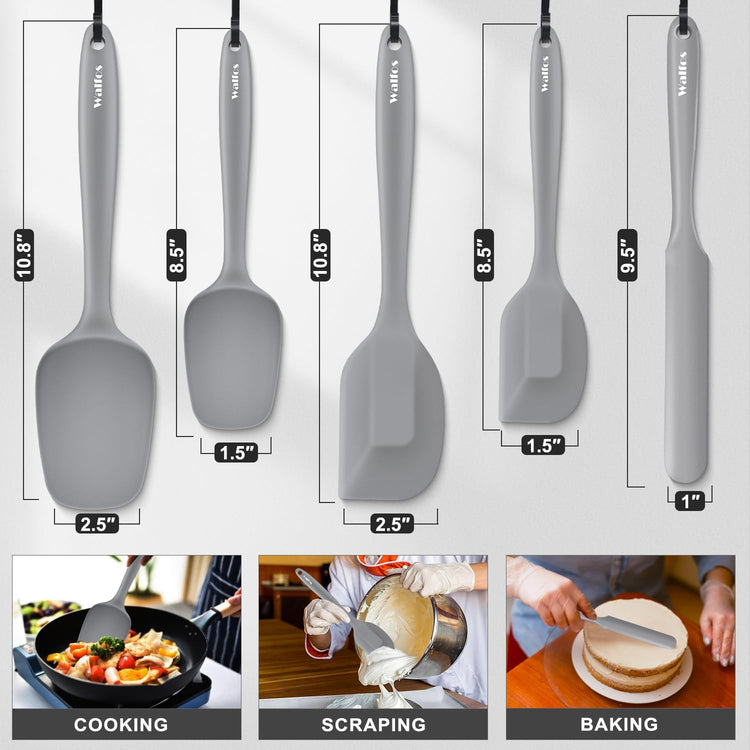Walfos Silicone Spatula -5 Pieces Heat Resistant Kitchen Spoon Spatulas(600°F), Strong Steel Core and One-Pieces Seamless Design, Prefect for Cooking Mixing Baking - BPA Free and Dishwasher Safe,Gray