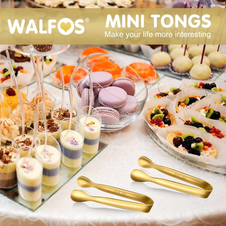 Walfos Small Gold Tongs For Serving,Food Grade Stainless Steel 4" Mini Tongs Appetizers for Parties Catering, Sugar,Desserts,Tea Party, Coffee Bar, Set of 12 (Gold)