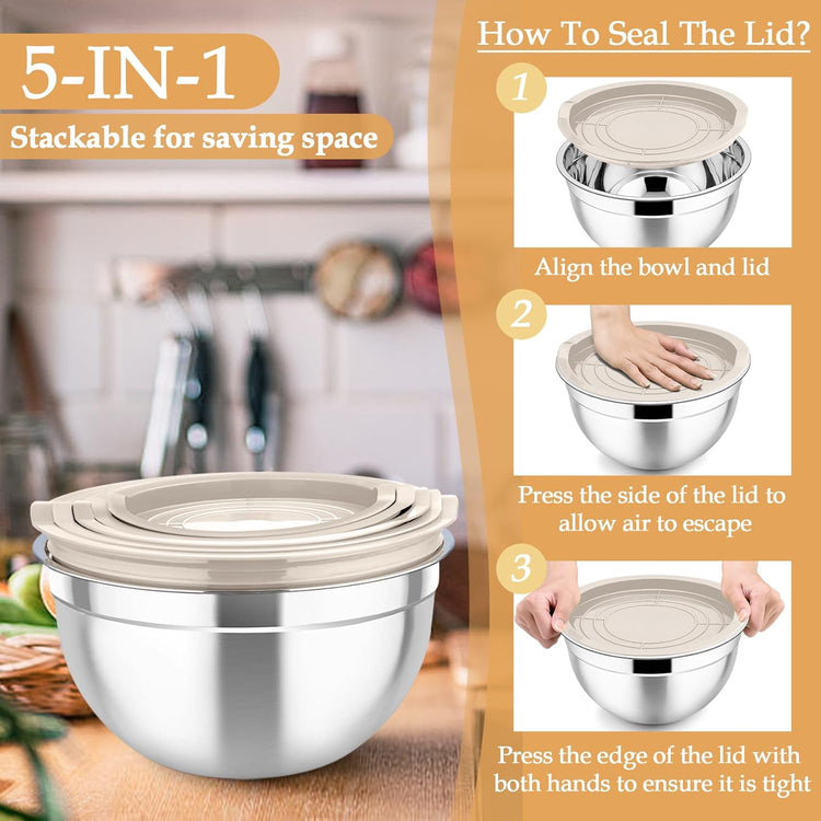 TeamFar Mixing Bowls, Stainless Steel Nesting Salad Bowls with Lids Set of 3 & 3 Grater Attachments, For Mixing/Serving/Storing, Non-toxic & Long-lasting, Size 4.6/3 / 1.5 QT, Khaki