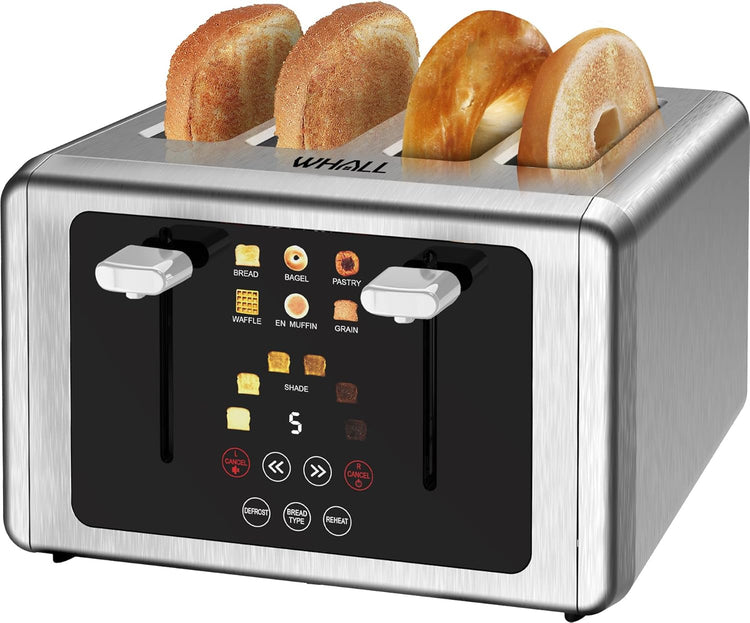 whall 4 Slice Touch Screen Toaster, Stainless Steel Toasters Digital Timer, Dual Control Panel Toasters,6 Shade Settings&6 Bread Types, Smart Wide Slots, Bagel, Cancel, Defrost,White