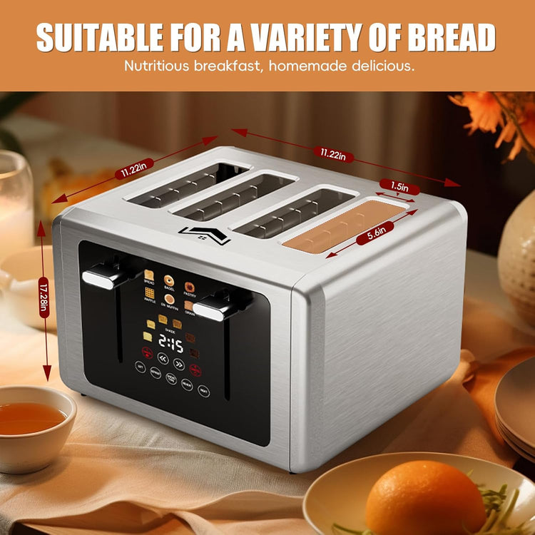 4 Slice Toaster, Touchscreen & Dual Independent Control Panel,5 Basic Functions & Digital Countdown Toasters, 6 Shade Settings&6 Bread Types, Smart Bread Maker Mute/Screen-Off,Platinum