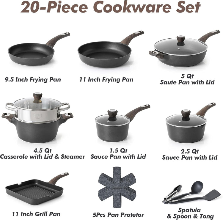 SENSARTE Pots and Pans Set Nonstick, 20 Pcs Induction Cookware Sets, Non-toxic Healthy Non Stick Kitchen Cooking Set with Stay-Cool Handles, PFOA PFOS Free, Black