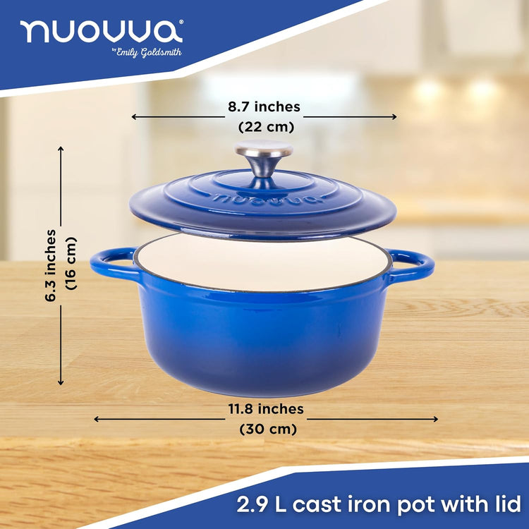 Cast Iron Dutch Oven with Lid – Non-Stick Ovenproof Enamelled Casserole Pot – Sturdy Dutch Oven Cookware – Dark Blue, 3.1-Quart, 22cm – by Nuovva - Nestoria