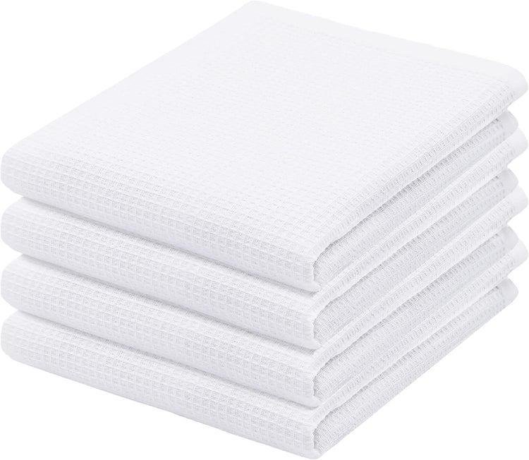 PurpleEssences Waffle Weave Kitchen Towel, 100% Cotton - 15 x 25 Inches, with Hanging Loop Ultra Soft Absorbent Quick Drying Dish Cloth, Tea and Hand Towels, 4 Pack - Spring Summer - White - Nestoria