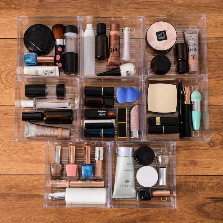 Backerysupply Clear Plastic Drawer Organizer Tray for Vanity Cabinet (6"×6"×2",Set of 8),Storage Tray for Makeup, Kitchen Utensils, Jewelries, and Gadgets…