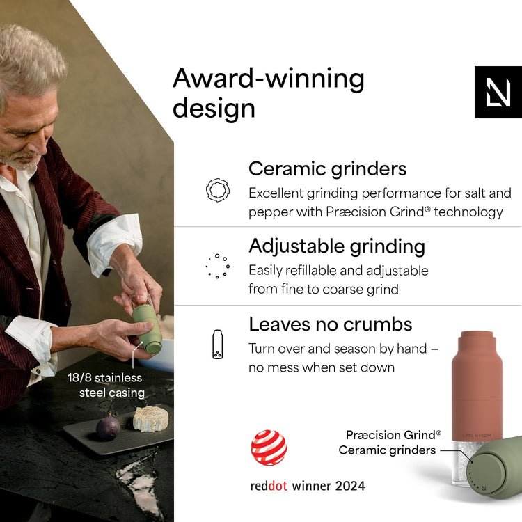 LARS NYSØM Salt and Pepper Grinder Set, Stainless Steel Manual Salt and Pepper Mills, Adjustable Ceramic Grinder, Design Spice Shakers (Red/Green)