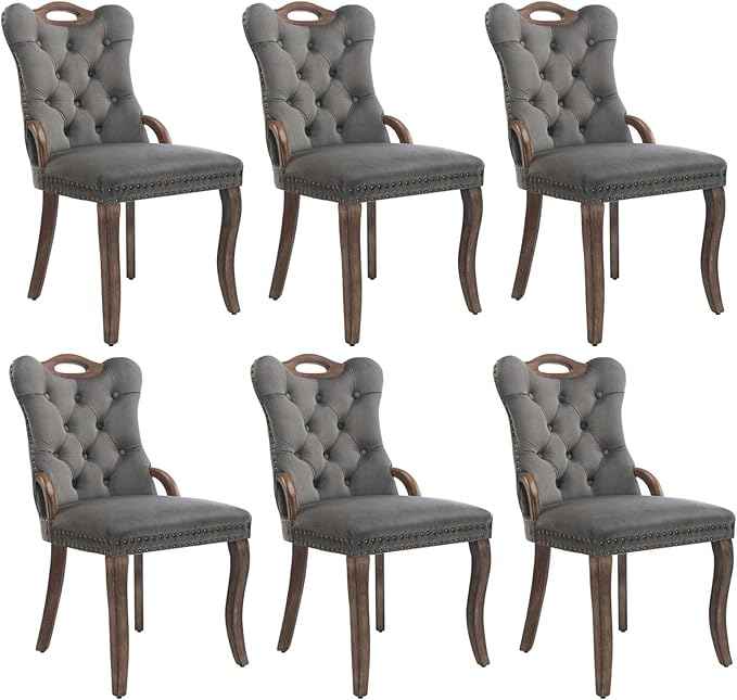 Grey Velvet Dining Chairs Set of 6,Modern Upholstered Dining Room Chairs with Tufted Back and Wood Accents, Curved Solid Wood Legs & Nailhead Trim, Sillas De Comedor Modernas 6