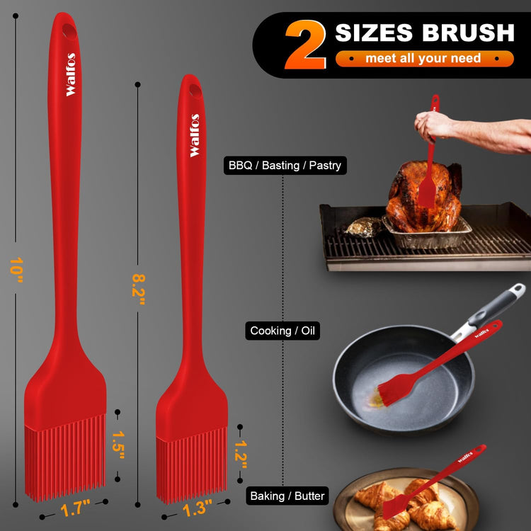 Walfos Silicone Basting Pastry Brush, Heat Resistant Pastry Brush Set, Strong Steel Core and One-Pieces Design, Perfect for BBQ Grill Baking Kitchen Cooking, BPA Free and Dishwasher safe, 2 Pcs (red)