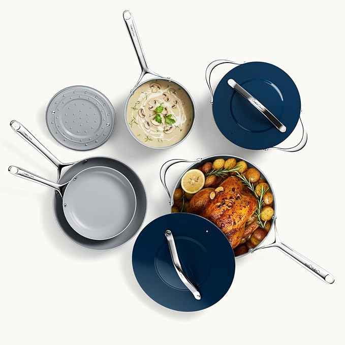 Ceramic Cookware Set 8 Pieces Nonstick Pots and Pans Set with Lid PFAS-Free Non Toxic Cookware, Induction Compatible, Oven Safe, Quick & Even Heat Distribution, Navy Blue