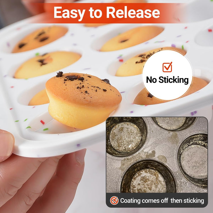 CAKETIME Mini Muffin Pan,Metal Reinforced Frame Silicone Cupcake Pan,Easy To Handle Nonstick 24 Cups Small Muffin Pan, White
