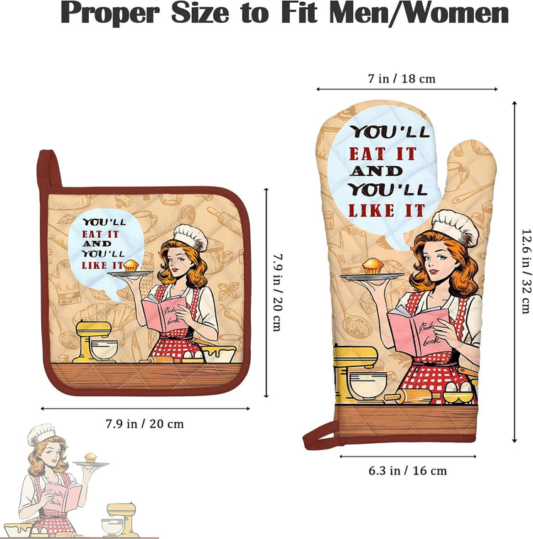 Retro Housewife Oven Mitts and Pot Holders Sets 2Pcs, 100% Cotton Heat Resistant, Extra Long Oven Gloves Potholder for Kitchen Cooking Baking Decoration