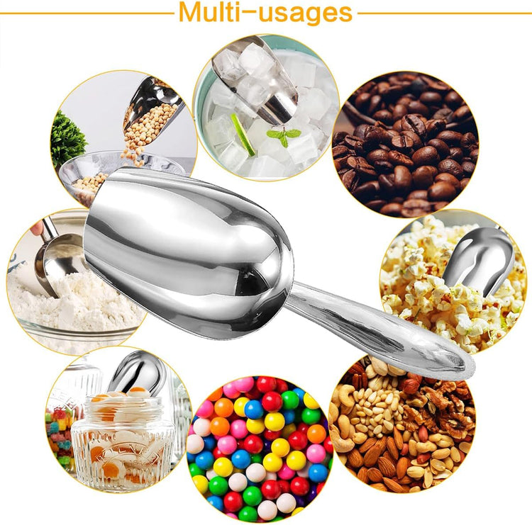 Metal Ice Scoop,Kitchen Ice Scooper for Ice Maker,Stainless Steel Small Ice Scooper for Freezer,Kitchen Gadgets Cookie Flour Pet Dog Food Scoop (Curved handle silver, 6OZ)