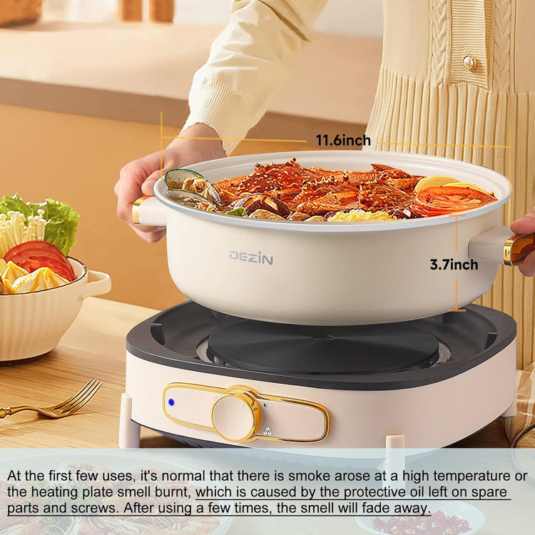 Dezin Electric Shabu Shabu Pot with Removable Pot, 4L Electric Non-Stick Pot with Multi-Power Control, 3.7" Depth Electric Cooker with Tempered Glass Lid for Party, Family and Friend Gathering