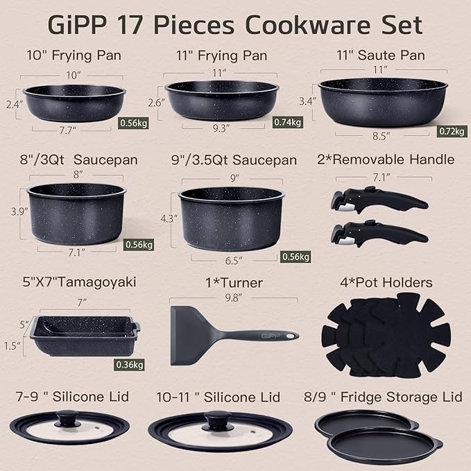 GiPP Ceramic Pots and Pans Set Non Stick, Nonstick Detachable Handle Cookware Sets, Healthy Non Toxic PFAS PFOA & PTFE Free, Dishwasher &Oven Safe, Induction Kitchen Pot and Pan, 17 Piece Gray