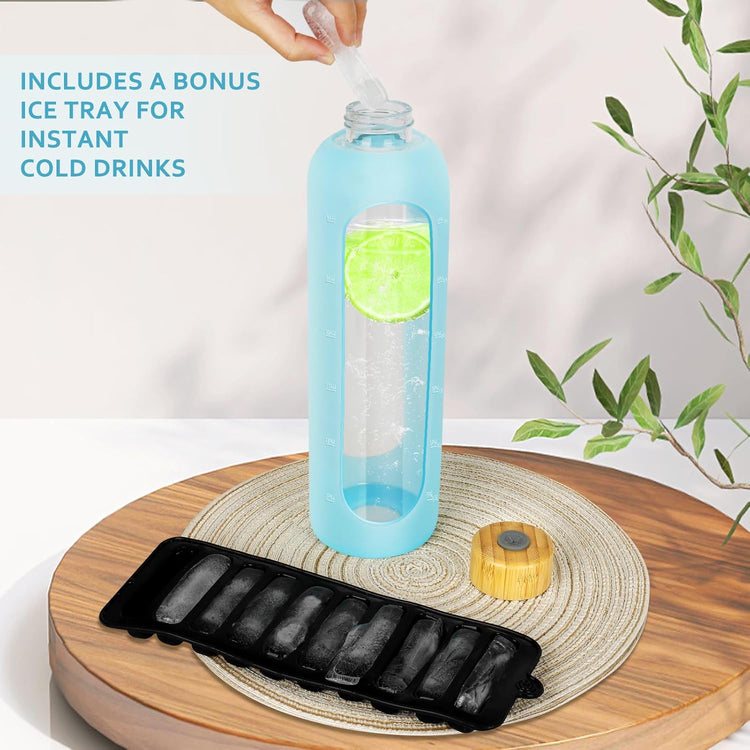 Glass Water Bottles 32 oz - Motivational Drinking Glass Water Bottle with Silicone Sleeve, Straw & 2 Bamboo Lids - 1 Liter Clear Borosilicate Daily Intake Tumbler with Time Marker - Glow in Dark