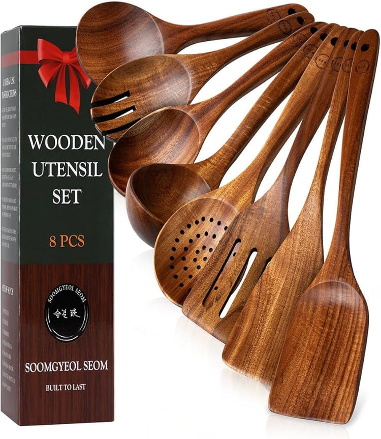 Natural Teak Wood Kitchen Utensil Set - 8 Piece Non-Stick Cooking Spoons & Spatulas, Heat Resistant & Eco-Friendly, Durable Wooden Tools for Nonstick Cookware