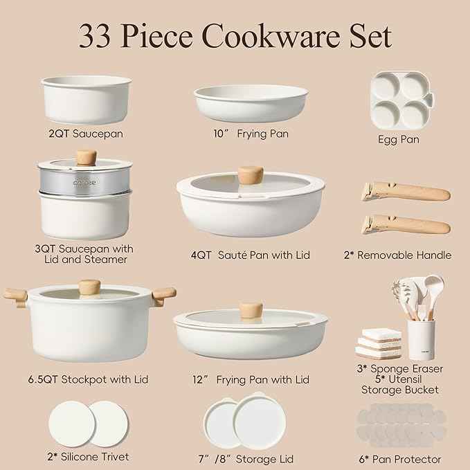 CAROTE 33pcs Pots and Pans Non Stick, Cookware Sets Detachable Handle, Induction Kitchen Pots and Pans, NonStick Cooking Set, Oven/Dishwasher/Fridge Safe, Space Saving