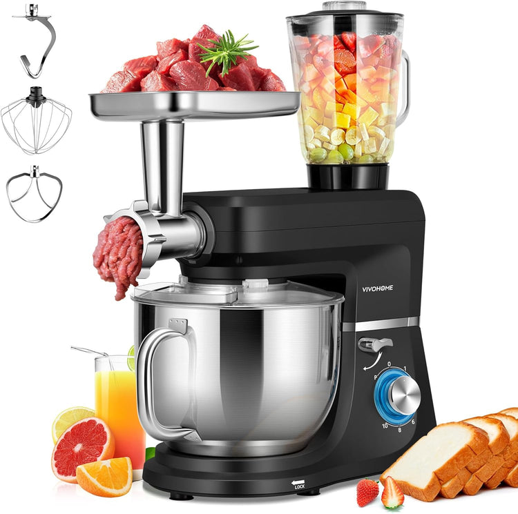 VIVOHOME 6 in 1 Multifunctional Stand Mixer with 8.5 Quart Stainless Steel Bowl, 660W 10 Speed Tilt-Head Meat Grinder, Juice Blender, Vegetable Slicer, Pasta and Cookie Maker, Black