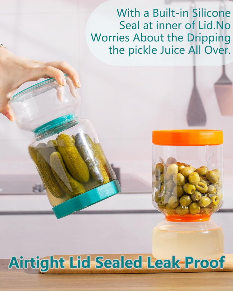 ZENS Pickle Jar with Strainer Flip, 2 Pack 51oz Pickle Container Pickle Juice Separator Hourglass Jar for Olive Keeper, Leakproof Pickle Holder Jars for Pickling Dill Sliced Storage, Gifts for Mom