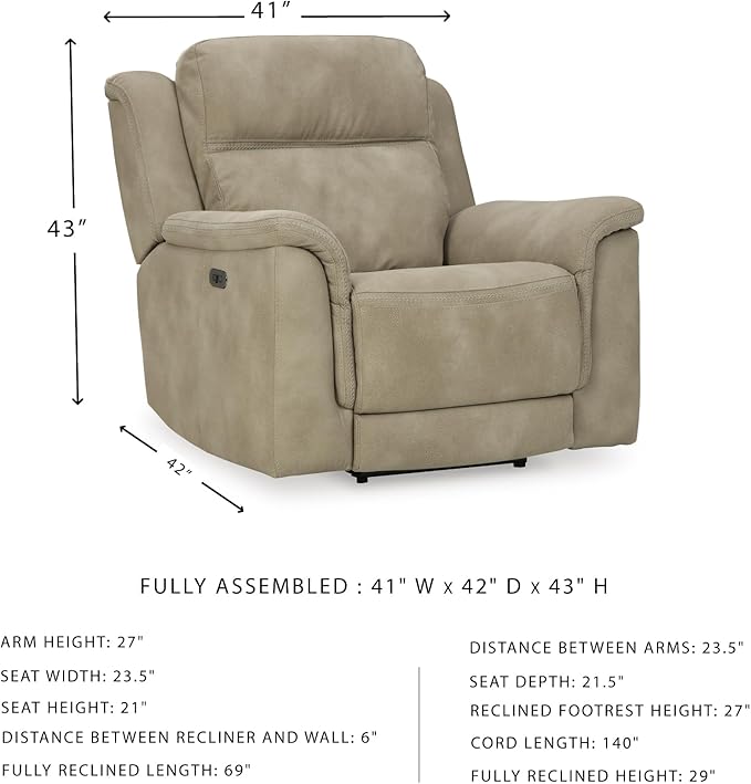 Signature Design by Ashley Next-Gen DuraPella Power Recliner with Adjustable Headrest, Extended Ottoman, USB Charging, Water Repellent Faux Leather, Beige