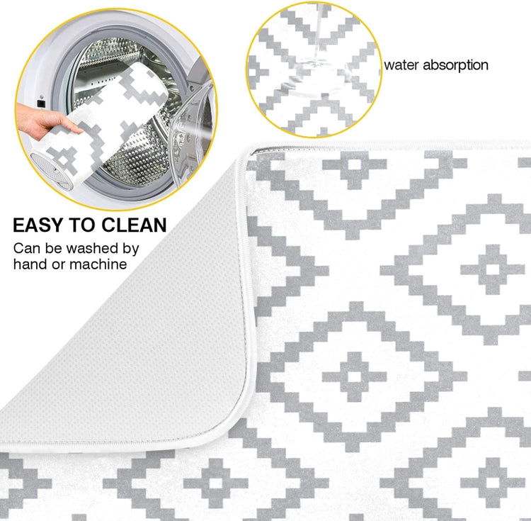 Super Absorbent Dish Drying Mat, Microfiber Fast-Drying Dish Mat, 16" x 18, Kitchen Dish Drying Pad, White Moroccan Rhombus Plaid