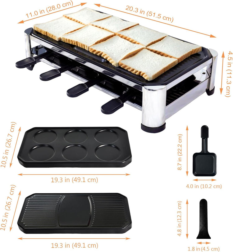 TAMARIT 8-Person Raclette Grill, Electric Party Grill with Nonstick grill & crepe Plates, 8 Pans & Spatulas, 1500W (Indoor), Stainless Steel