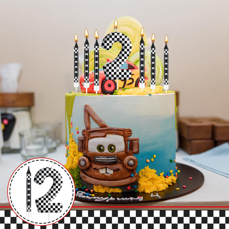 13 Pcs Racing Cars Themed Birthday Candles Black and White Race Number 2 Checkered Candle Cake Topper for Racing Car Party Decoration Supplies (13 Count)
