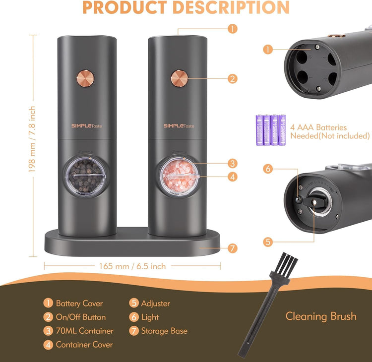 SIMPLETASTE Electric Salt and Pepper Grinder Set, One-Handed, Battery Powered, Adjustable Coarseness, LED Light, Pepper mills with stand, Seasoning Tools for Kitchen, Dining or Gifting