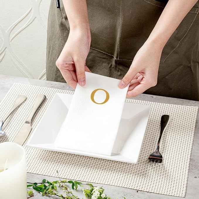 Luxenap 15.8 X 7.9 Inch Linen-Feel Guest Towels, 2000 Lettered Hand Towels - Gold Letter 'O', Sans Serif Font, White Paper Dinner Napkins, airlaid, For Restrooms And Tables