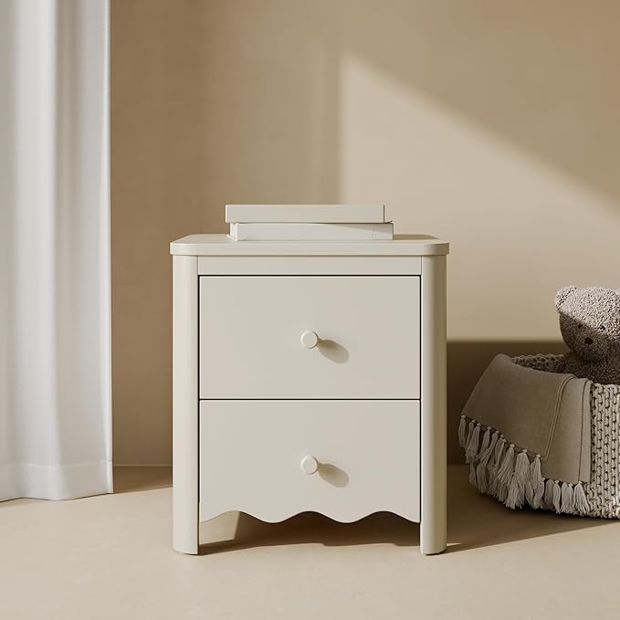 Storkcraft Casablanca 2 Drawer Nightstand (Frosted Oat) - GREENGUARD Gold Certified, Storage for Kids Bedroom, Premium Wood Nightstand with Elegant, Iconic Wave Detailing and Rounded Posts