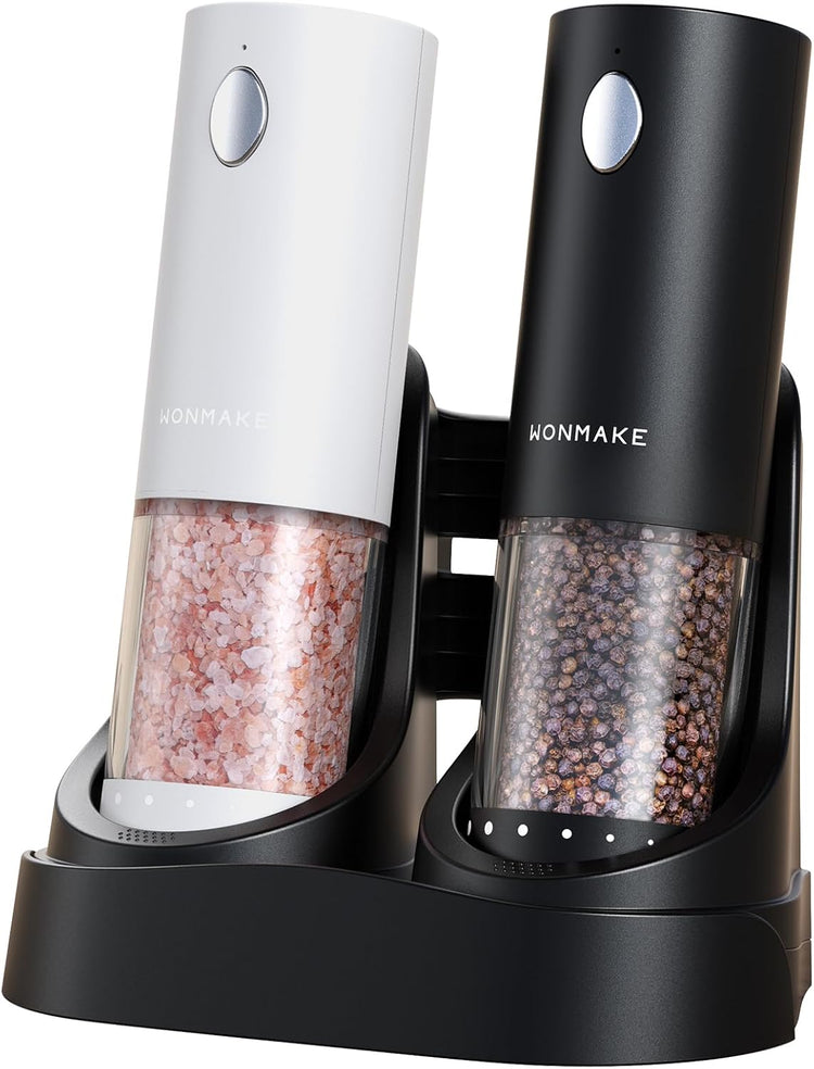Electric Salt and Pepper Grinder Set - Automatic Refillable Salt and Pepper Grinders with Charging Base & LED Light, 6-Level Adjustable Coarseness with External Dial, Ideal Kitchen Gadget๏ผBlack& White