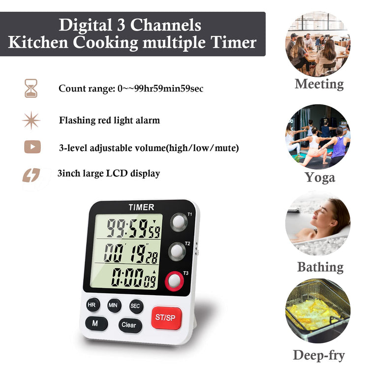 Digital 3 Channels Kitchen Cooking Multiple Timer with Large LCD Count Up Down Stopwatch ON Off Switch Timer for Teaching Reading 3