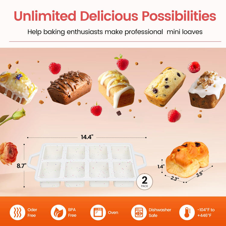 2 Pack 8 Cavity Mini Silicone Loaf Pans (2 Count)