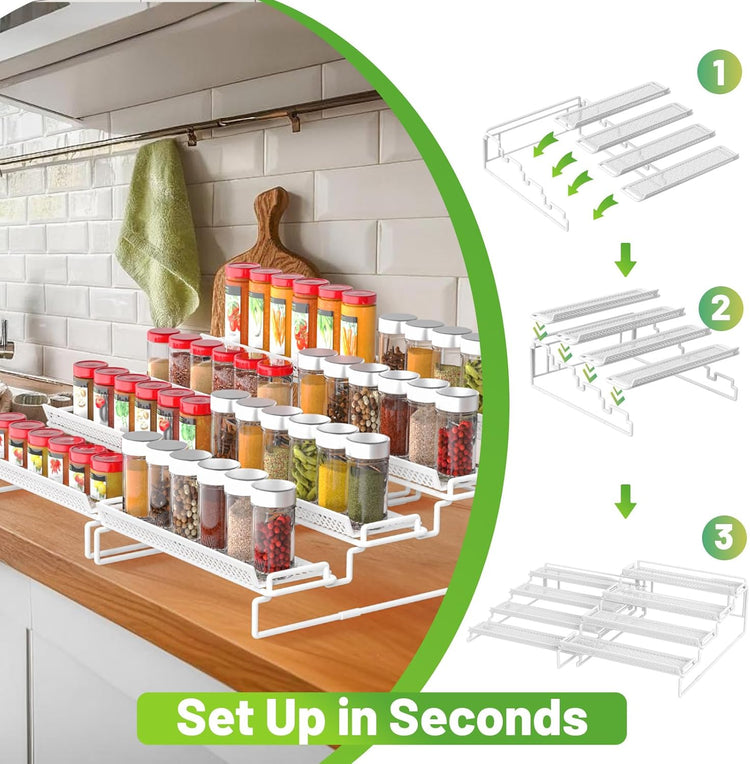 4 Tier Spice Rack Organizer for Inside Cabinet Expandable Display Riser Shelf Seasoning Organizer for Countertop Cupboard Pantry Adjustable Step Storage Holder with Protection Railing (White, 2PC)