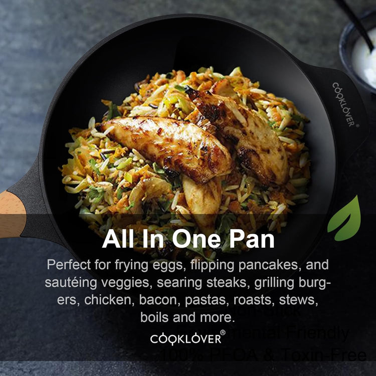 COOKLOVER Nonstick Woks And Stir Fry Pans Die-cast Aluminum Scratch Resistant 100% PFOA Free Induction Wok pan with Lid 12.6 Inch - BK