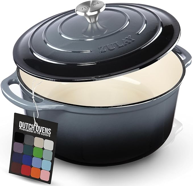 Zulay Kitchen 5 Quart Enameled Cast Iron Dutch Oven Pot with Lid – Premium Durability & Oven Safe up to 500°F – Heavy Duty Cookware Perfect for Bread Baking, Stews, Braising & Roasting – Gray