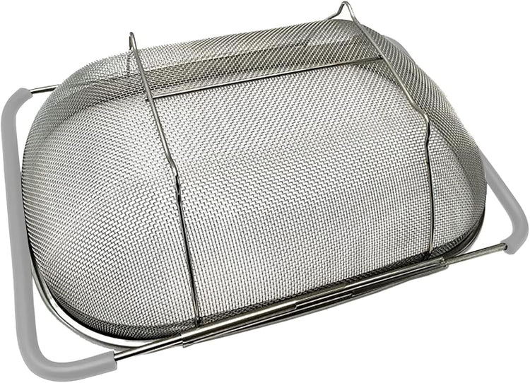 Over The Sink Colander, 6 Quarts Stainless Steel Oval Colander with Expandable Rubber Grip Handle, Fine Mesh Strainer Baskets Kitchen Colanders for Strain, Drain, Rinse Vegetables, Fruits, Grey